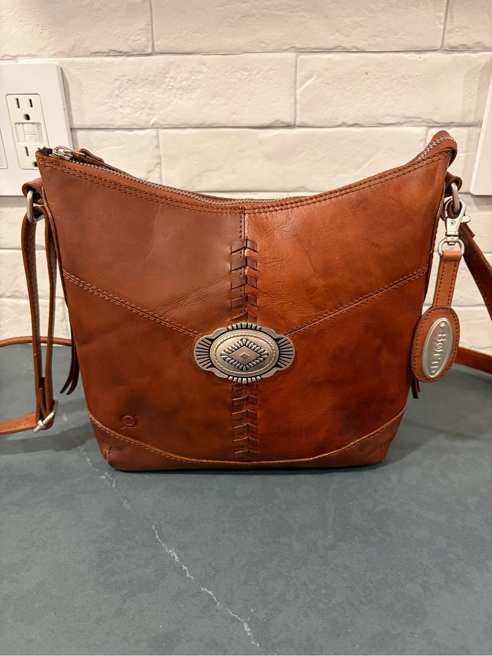 Born British tan Leather Crossbody Bag with Concho Accent